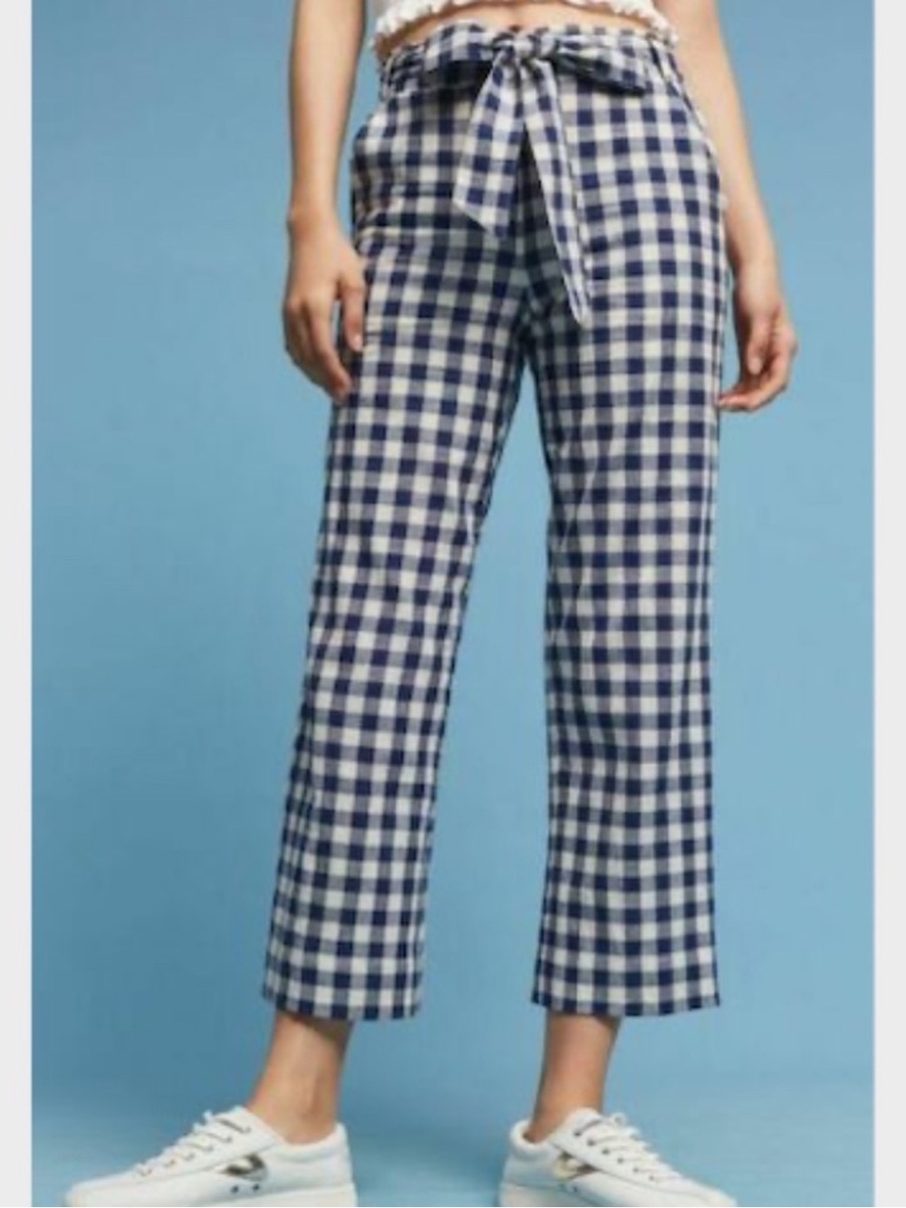 Anthropologie Gingham Cropped Tie-Waist Cotton Linen Pants - Navy & White Size 1